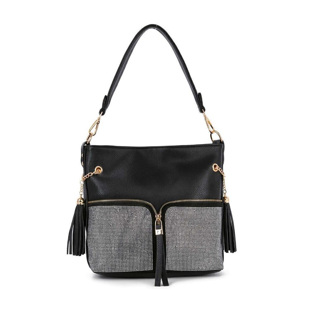 Black Stylish Rhinestone Bling Zip Hobo Handbag